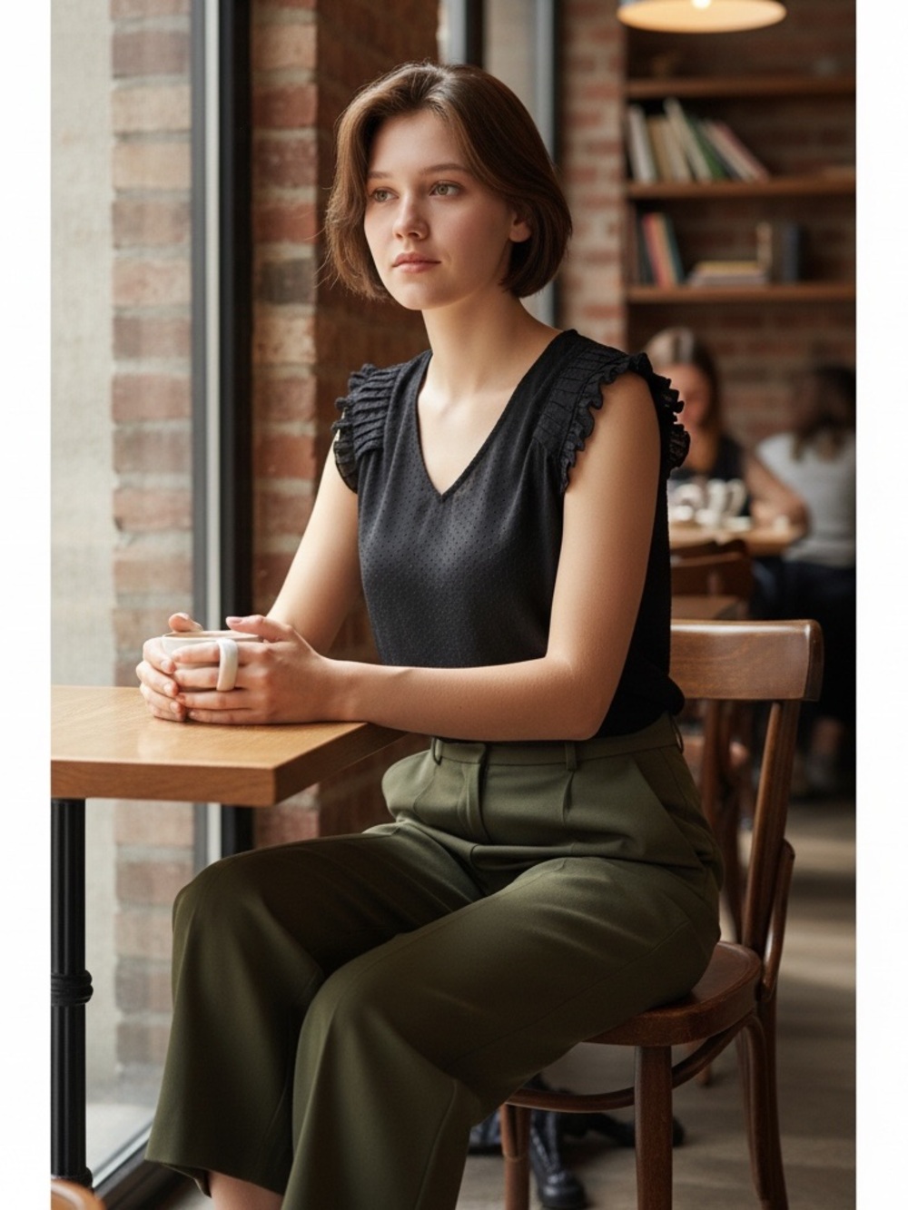 Skies Are Blue Black Ruffle-Sleeve V-Neck Shell
